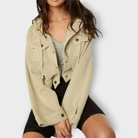 Free People Dreamers Cropped Knit Jacket Tea Tan Fleece Lined Size Small S Hood - Picture 2 of 10